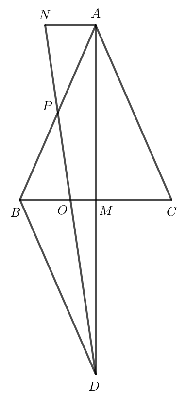 Cho tam giác ABC cân tại A, trung tuyến AM. Qua điểm B vẽ đường thẳng song song với đường thẳng AC, cắt đường thẳng AM tại điểm D. a) Chứng minh  tam giác AMC= tam giác DMB b) Chứng minh AB = BD. c) Gọi P là trung điểm của đoạn thẳng AB, đoạn thẳng PD cắt đoạn thẳng BC tại điểm O. Trên tia đối của tia PO lấy điểm N sao cho PN = PO. Chứng minh điểm O là trọng tâm của  tam giác ABD và NA = 2OM. (ảnh 1)