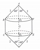 Cho hình lục giác đều ABCDEF có cạnh bằng 2 (tham khảo hình vẽ). Quay lục giác xung quanh đường chéo AD ta được một khối tròn xoay. Thể tích khối tròn xoay đó là (ảnh 2)