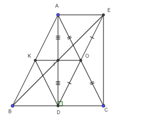 Cho tam giác ABC cân tại A, đường cao AD, O là trung điểm của AC, điểm E đối xứng với điểm D qua điểm O. a) Chứng minh tứ giác AECD là hình chữ nhật. b) Gọi I là trung điểm của AD, chứng tỏ I là trung điểm của BE. c) Cho AB = 10 cm, BC = 12 cm. Tính diện tích tam giác OAD. d) Đường thẳng OI cắt AB tại K. Tìm điều kiện của tam giác ABC để tứ giác AEDK là hình thang cân. (ảnh 1)