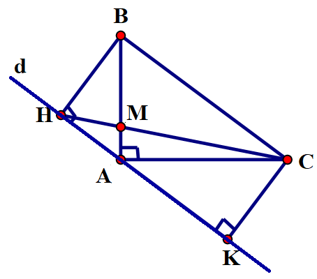 Cho tam giác ABC vuông tại A. Vẽ đường thẳng d đi qua A và song song với đường thẳng BC, BH vuông góc với d tại H. a) Chứng minh ∆ABC   ∆HAB. b) Gọi K là hình chiếu của C trên d. Chứng minh AH.AK = BH.CK. c) Gọi M là giao điểm của hai đoạn thẳng AB và HC. Tính độ dài đoạn thẳng HA và diện tích ∆MBC, khi AB = 3cm, AC = 4cm, BC = 5cm. (ảnh 1)