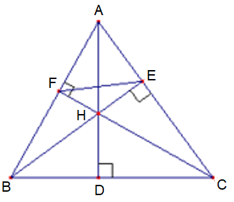 Cho tam giác nhọn ABC, các đường cao AD, BE, CF cắt nhau tại H. a) Chứng minh ∆AEB đồng dạng với ∆AFC. Từ đó suy ra AF . AB = AE . AC. b) Chứng minh: góc AEF= ABC  . c) Cho AE = 3 cm, AB = 6 cm. Chứng minh rằng SABC = 4SAEF. (ảnh 1)