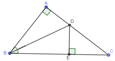 Cho tam giác ABC vuông tại A, góc B = 60^o, AB = 5cm. Tia phân giác góc B cắt AC tại D. Từ D kẻ đường thẳng vuông góc với BC tại E. a) Chứng minh: ∆ADB = ∆BDE. b) Chứng minh tam giác AEB là tam giác đều. c) Tính BC. (ảnh 1)