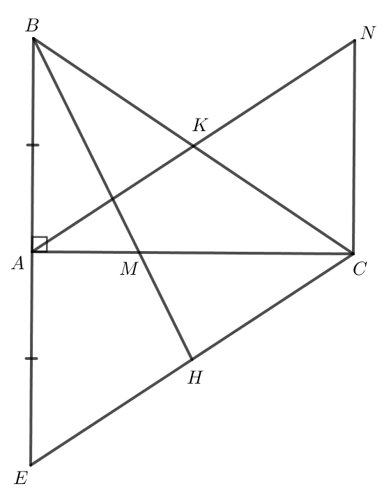 Cho tam giác ABC vuông tại A, AB = 9 cm, BC = 15 cm. Trên tia đối của tia AB lấy điểm E sao cho A là trung điểm của BE. a) Chứng minh rằng tam giác ABC= tam giác AEC  b) Vẽ đường trung tuyến BH của   cắt cạnh AC tại M. Chứng minh M là trọng tâm của   và tính độ dài đoạn CM. c) Từ A vẽ đường thẳng song song với EC, đường thẳng này cắt cạnh BC tại K. Chứng minh rằng ba điểm E, M, K thẳng hàng. (ảnh 1)