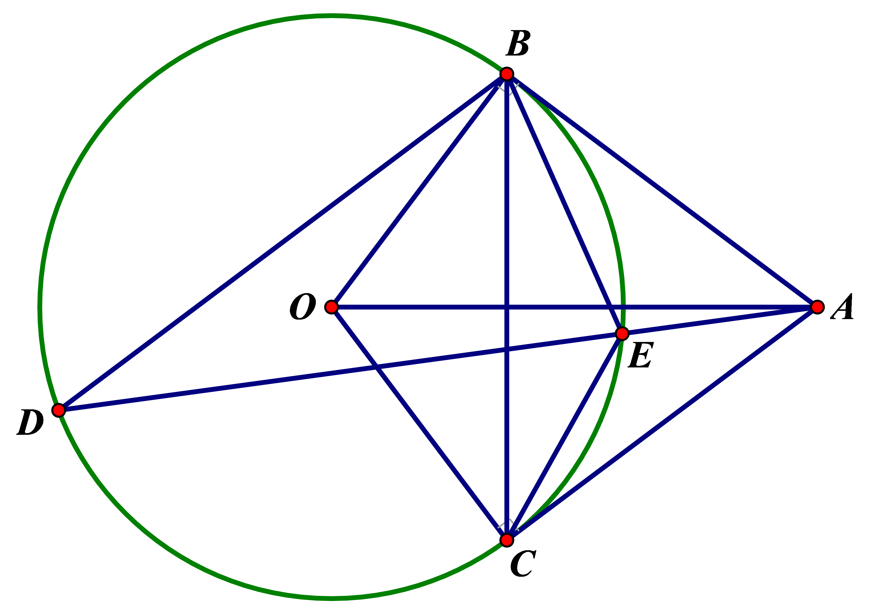 Cho đường tròn (O; R). Từ điểm A nằm ngoài đường tròn kẻ hai tiếp tuyến AB, AC với đường tròn (B, C là hai tiếp điểm). Từ B kẻ đường thẳng song song với AC cắt (O) tại D (D khác B), đường thẳng AD cắt (O) tại E (E khác D). a) Chứng minh tứ giác ABOC nội tiếp. b) Chứng minh AE.AD = AB2. c) Giả sử OA = 2R. Tính số đo góc BEC và diện tích tứ giác ABOC.  (ảnh 1)