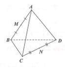 Cho khối tứ diện ABCD. Gọi M, N lần lượt là trung điểm của AB và CD (tham khảo hình vẽ bên). Đặt V là thể tích của khối tứ diện ABCD, V1  là thể tích của khối tứ diện MNBC. Khẳng định nào sau đây đúng? (ảnh 1)