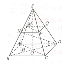 Cho hình chóp đều S.ABCD có SA=a căn5, AB=a . Gọi M, N, P, Q lần lượt là trung điểm của SA, SB, SC, SD. Tính cosin của góc giữa hai đường thẳng DN và mặt phẳng (MQP) ? (ảnh 1)