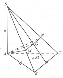 Cho hình chóp S.ABC có đáy  tam giác ABC vuông cân ở  B. Gọi G là trọng tâm của tam giác SBC ,  đi qua AG và song song với BC chia khối chóp thành hai phần. Gọi V là thể tích của khối đa diện không chứa đỉnh S. Tính V. (ảnh 1)