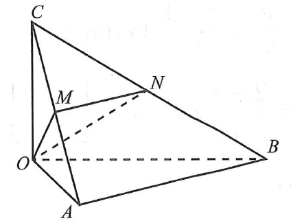 Cho khối tứ diện OABC với OA, OB, OC vuông góc từng đôi một và OA=a; Ob=2b; OC=3a  Gọi M, N lần lượt là trung điểm của hai cạnh AC, BC. Thể tích của khối tứ diện OCMN theo a bằng. (ảnh 1)