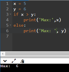 Kết quả của chương trình sau là gì? x = 5 y = 6 if x > y:     print('Max:',x) else:     print(‘Max: ’, y) A. Max:5 B. Max:6 C. Max: 5 D. Max: 6 (ảnh 1)