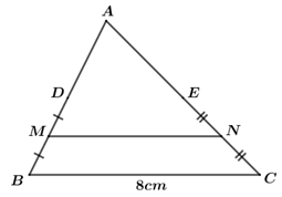 Cho tam giác ABC có cạnh BC = 8cm và D, E, M, N lần lượt là trung điểm của AB, AC, BD và CE (như hình vẽ). Khi đó, độ dài của MN là (ảnh 1)