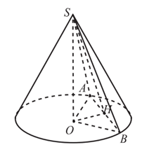 Cho hình nón đỉnh S có đáy là đường tròn tâm O, bán kính R. Trên đường tròn (O)  lấy hai điểm A, B sao cho tam giác OAB vuông. Biết diện tích tam giác SAB bằng R^2căn2 , thể tích hình nón đã cho bằng: (ảnh 1)