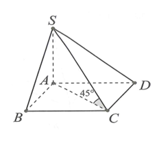 Cho hình chóp S.ABCD có đáy ABCD là hình vuông cạnh a, SA vuông góc với mặt đáy (ABCD) , góc giữa SC và (ABCD)  bằng 45°. Thể tích khối chóp S.ABCD là (ảnh 1)