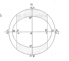 Một khu vườn dạng hình tròn có hai đường kính AB, CD vuông góc với nhau, AB=12m . Người ta làm một hồ cá có dạng hình elip với bốn đỉnh M, N, M', N'  như hình vẽ, biết  MN=10m, M'N'=8m  , PQ=8m . Diện tích phần trồng cỏ (phần gạch sọc) bằng:  (ảnh 2)