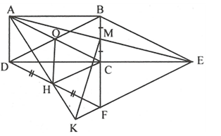  Cho hình chữ nhật ABCD. Gọi M là trung điểm của BC và E là giao điểm của đường thẳng AM với đường thẳng DC. a) Chứng minh rằng: tứ giác ABEC là hình bình hành b) Gọi F là điểm đối xứng của B qua C. Chứng minh rằng: tứ giác BEFD là hình thoi. c) Chứng minh rằng: C là trọng tâm tam giác AEF d) Cho AB^2=2BC^2 . Gọi H là trung điểm của DF và K là giao điểm của đường thẳng AH với đường thẳng EF. Chứng minh rằng: AE=2MK (ảnh 1)