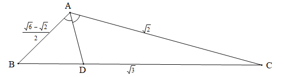 Tam giác ABC có AB= căn bậc hai 6-2/ 2,AC= căn bậc hai 2,AC= căn bậc hai 3. Gọi D là  (ảnh 1)
