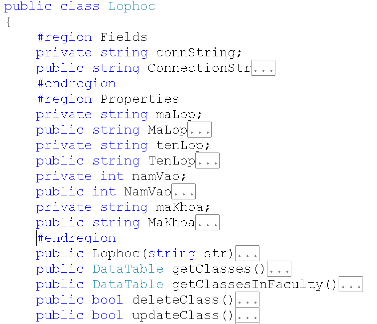 Cho lớp Lophoc được khai báo như trên, khi thực hiện khai báo đối tượng của lớp Lophoc: Lophoc obj1=new Lophoc(’Chuỗi kết nối’). Để thiết lập thuộc tính maLop của đối tượng obj1 ta sử dụng câu lệnh: (ảnh 1)