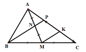 Cho tam giác ABC. Gọi M là trung điểm BC và N là trung điểm AM. Đường thẳng (ảnh 1)