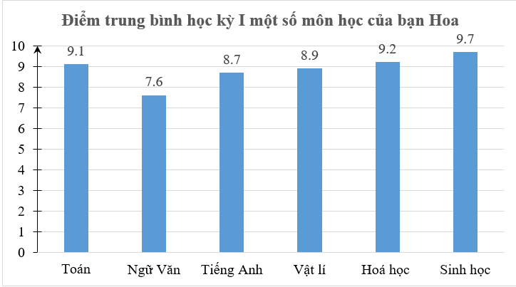 Điểm trung bình học kỳ I một số môn học của bạn Hoa được biểu diễn qua biểu đồ (ảnh 1)