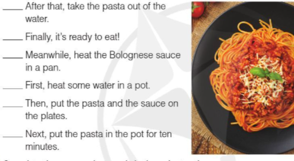 Put these instructions in the correct order for a recipe for spaghetti Bolognese. (ảnh 1)