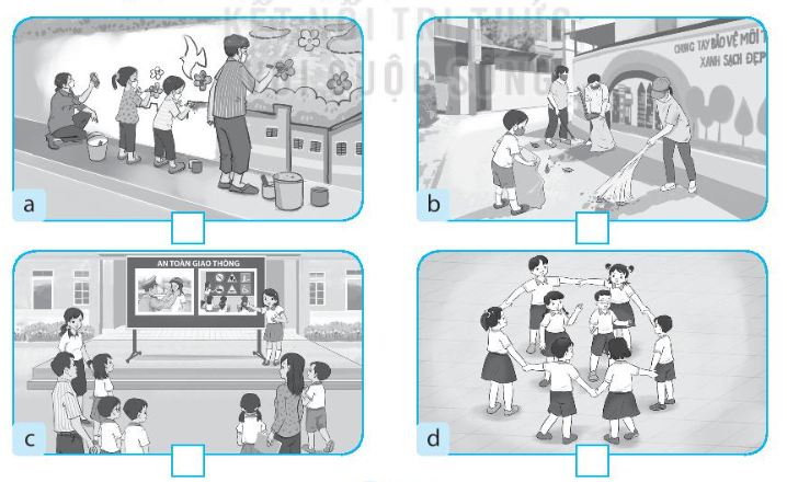 Đánh dấu X vào ô trống dưới những hình thể hiện hoạt động kết nối trường học với (ảnh 1)