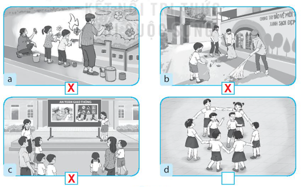 Đánh dấu X vào ô trống dưới những hình thể hiện hoạt động kết nối trường học với (ảnh 2)