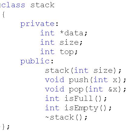 Một bạn sinh viên xây dựng cấu trúc Stack dưới dạng khai báo lớp như trên, Bạn sinh viên đã khai báo xây dựng stack lưu trữ dưới dạng: (ảnh 1)