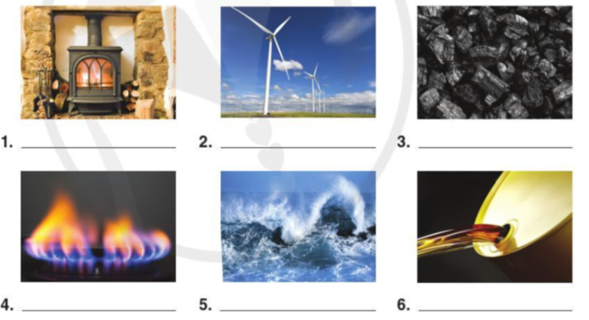 Write each type of energy from the box under the matching photo (ảnh 1)