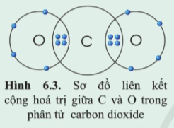 Quan sát hình 6.3 và xác định hóa trị của C và O trong khí carbon dioxide. (ảnh 1)