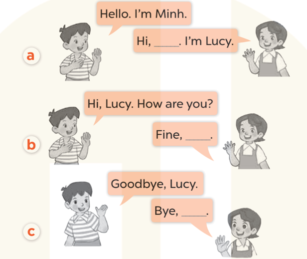 Read and speak (Đọc và nói) a. Hello. I'm Minh. Hi, _ . I'm Lucy (ảnh 1)