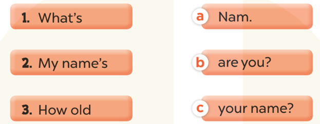 Read and match (Đọc và nối) 1. What's a. Nam. 2. My name's b. are you? (ảnh 1)