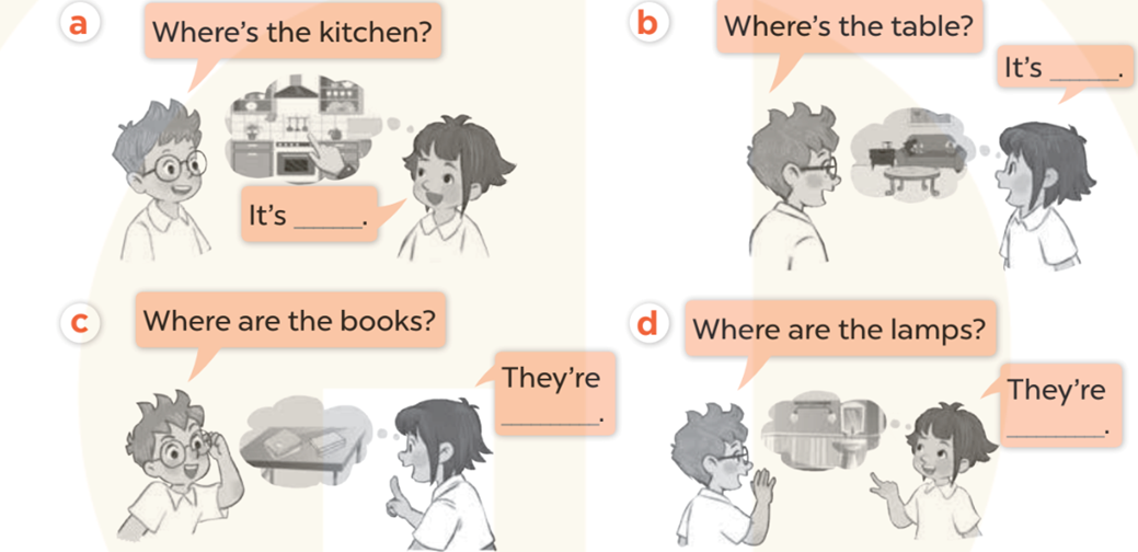 Ask and answer (Hỏi và trả lời) a. Where's the kitchen? (ảnh 1)