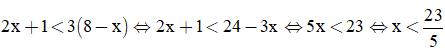 Nghiệm nguyên lớn nhất của bất phương trình 2x + 1 < 3(8 - x) là A. 2. B. 5. C. 4. D. 6. (ảnh 1)