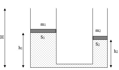 Một bình thông nhau gồm 2 nhánh hình trụ đặt thẳng đứng có tiết diện S1 = 40 cm2 và S2 = 20 cm2.  (ảnh 1)