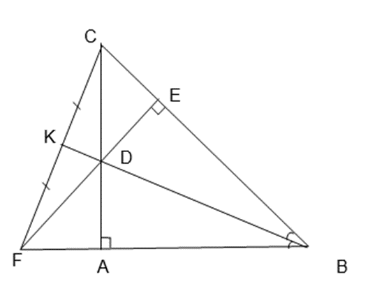 Cho  vuông tại A, kẻ tia phân giác của  cắt AC tại D. Kẻ DE vuông góc với BC tại E, gọi F là giao điểm của BA và ED .            a) Chứng minh ;            b) So sánh AD và DC;            c) Gọi K là trung điểm của FC. Chứng minh ba điểm B; D; K thẳng hàng. (ảnh 1)