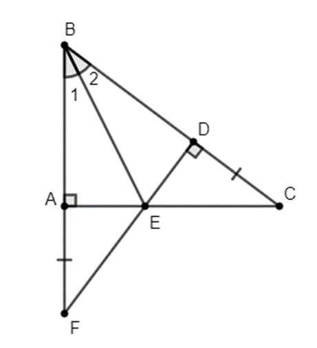 Cho tam giác ABC vuông tại A có AB = 9cm, AC = 12cm. a) Tính độ dài BC; b) Tia phân giác góc ABC cắt cạnh AC tại E. Từ E, kẻ ED vuông góc với BC tại D. Chứng minh:  BAE =  BDE; c) Trên tia BA lấy điểm F sao cho AF = DC. Chứng minh: EF = EC; d) Chứng minh: Ba điểm F, E, D thẳng hàng. (ảnh 1)