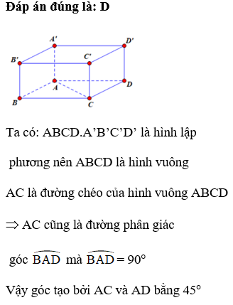 Cho hình lập phương ABCD.A’B’C’D’. Tính góc giữa hai đường thẳng AC và AD: (ảnh 1)