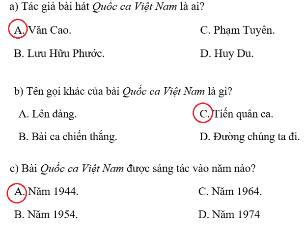 Khoanh tròn vào chữ cái trước ý đúng.  a) Tác giả bài hát Quốc ca Việt Nam là ai? (ảnh 1)