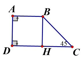 Hình thang vuông ABCD có góc A = góc D = 90 độ, AB = AD = 2 cm, DC = 4cm. tính góc B, góc C (ảnh 1)