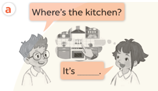 Ask and answer (Hỏi và trả lời) Where's the kitchen? (ảnh 1)
