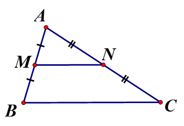 Cho hình tam giác ABC có M, N lần lượt là trung điểm của AB, AC . Biết BC = 10cm Tính  MN (ảnh 1)