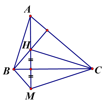 cho tam giác abc có góc a = 60 độ, trực tâm H. Gọi m là điểm đối xứng với h qua bc (ảnh 1)