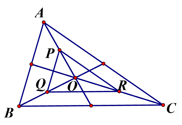 Tam giác ABC có 3 đường trung tuyến cắt nhau tại O. Gọi P,Q,R thứ tự là trung điểm của  OA, OB, OC.  (ảnh 1)