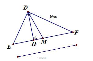 Cho tam giác DEF vuông tại D, đường cao DH, đường trung tuyến DM, DF = 16cm (ảnh 1)