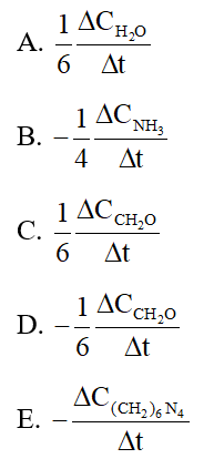 Cho phản ứng:  6CH2O + 4NH3 → (CH2)6N4 + 6H2O  Tốc độ trung bình (ảnh 1)
