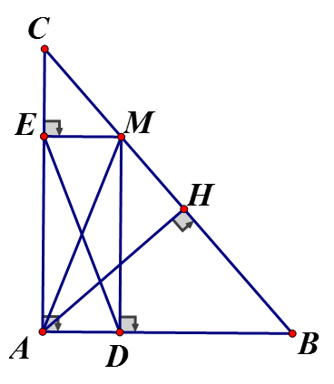 Cho tam giác abc vuông tại a điểm m thuộc cạnh bc. Gọi d, e theo thứ tự là chân các đường vuông góc kẻ từ m đến ab, ac (ảnh 1)