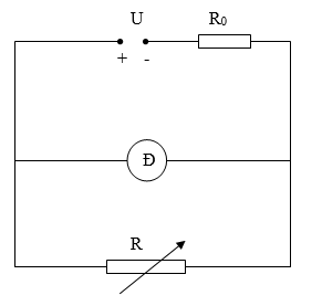 Cho mạch điện như hình vẽ.  Đèn Đ có ghi: 6 V – 3 W. Thay đổi biến trở R để công suất  (ảnh 1)