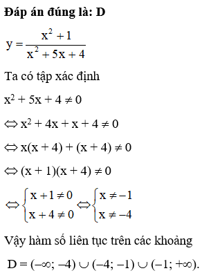Cho hàm số y = x^2+1/x^2+5x+4  Khi đó, hàm số liên tục trên khoảng nào sau đây? (ảnh 1)