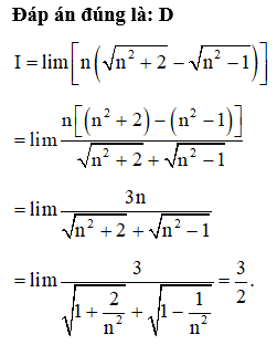 . Tính  I= lim n(căn n^2+2- căn n^2-1 (ảnh 1)