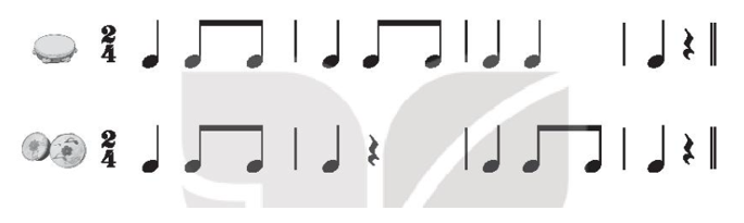 Sử dụng nhạc cụ gõ và nhạc cụ tự tạo gõ theo hình tiết tấu sau:  (ảnh 1)