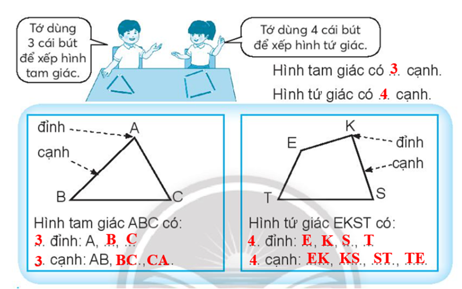 Viết vào chỗ chấm. Tớ dùng 3 cái bút để xếp hình tam giác. (ảnh 2)